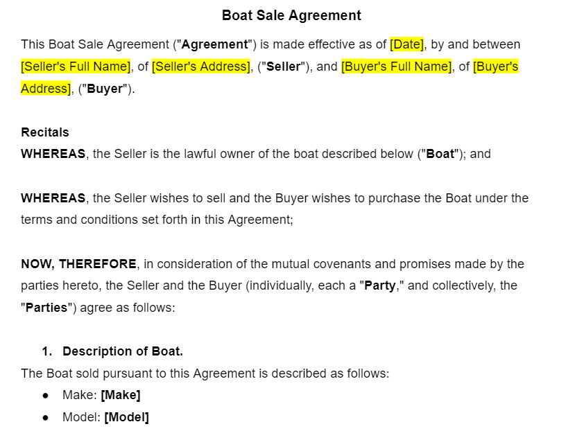 Sales Contract for Boat Template