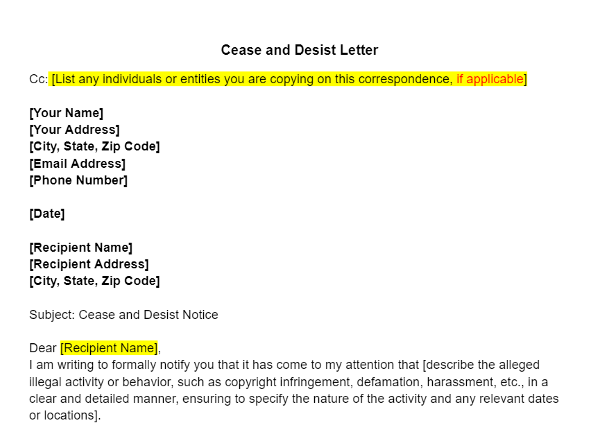 Cease and Desist Letter Template