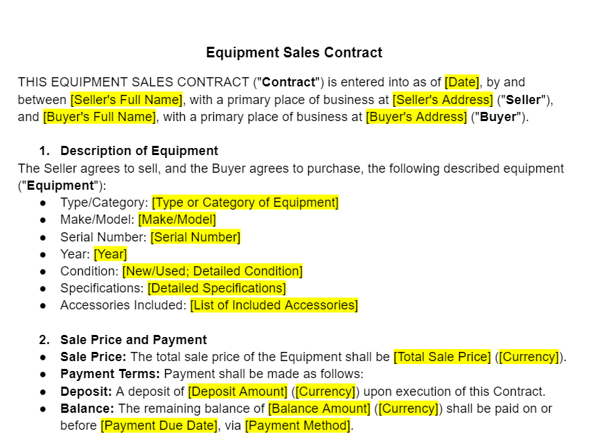 Sale Contract for Equipment