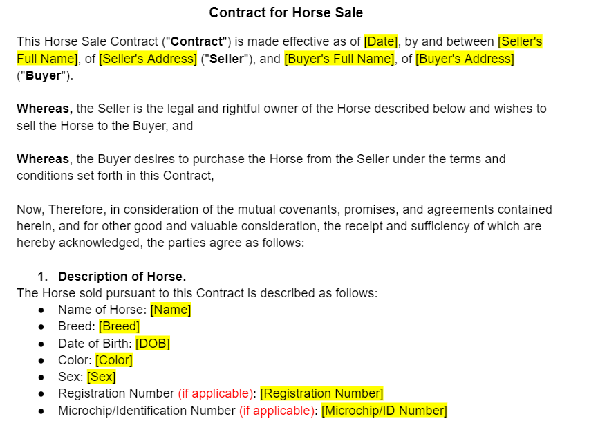Horse Purchase And Sale Agreement
