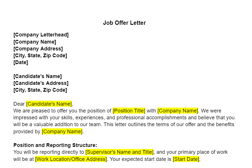 Job Offer Letter Format