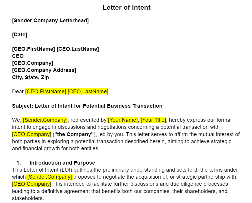 Letter of Intent Template for Business Transactions