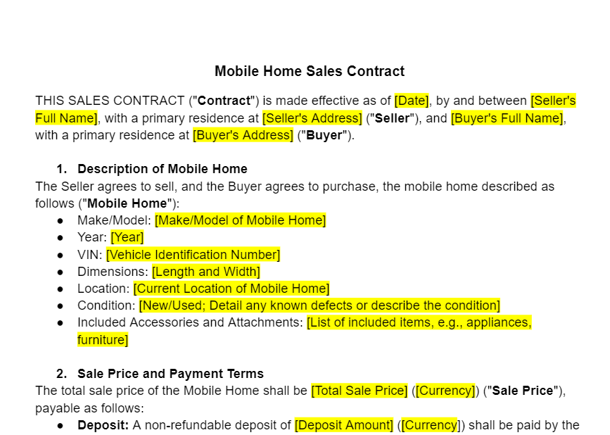 Sales Contract for Mobile Home