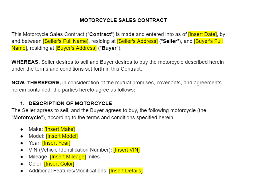 Sale Contract for Motorcycle
