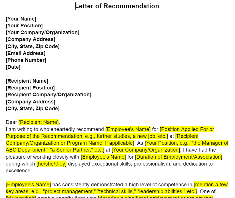 Employee Reference Letter Template