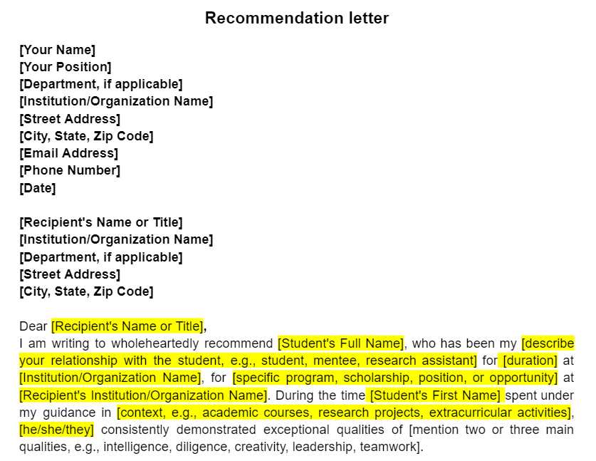 Letter of recommendation template