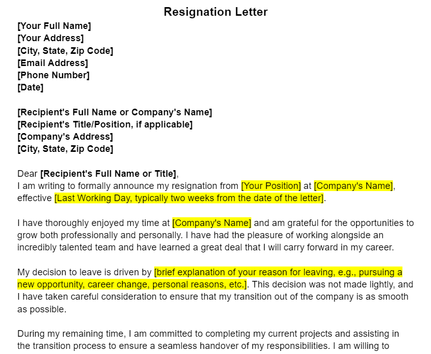Resignation letter templates