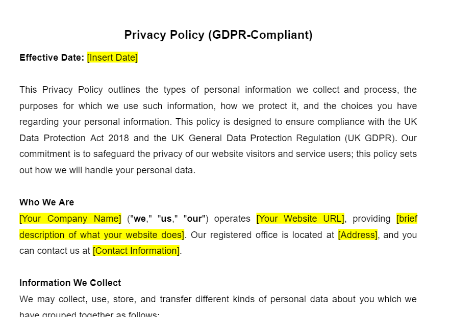 UK Website Privacy Policy Template