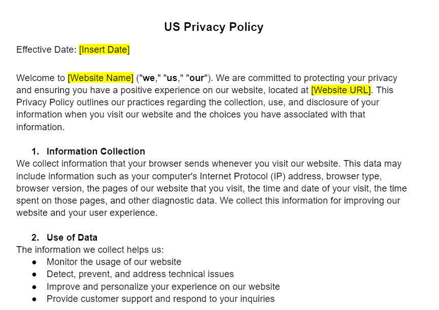 Privacy Policy Template for US Websites
