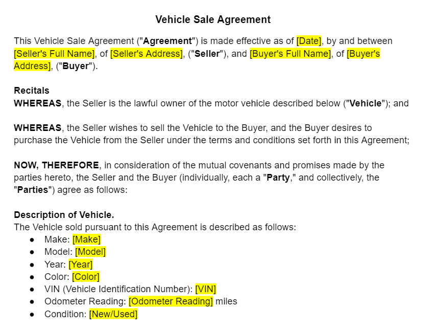 Vehicle Sales Agreement Template