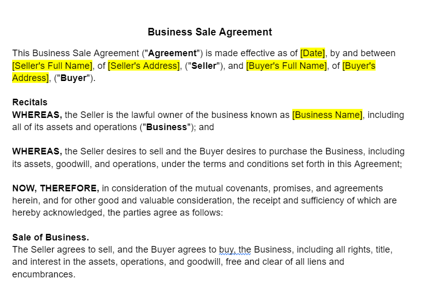 Business Sale Agreement Template