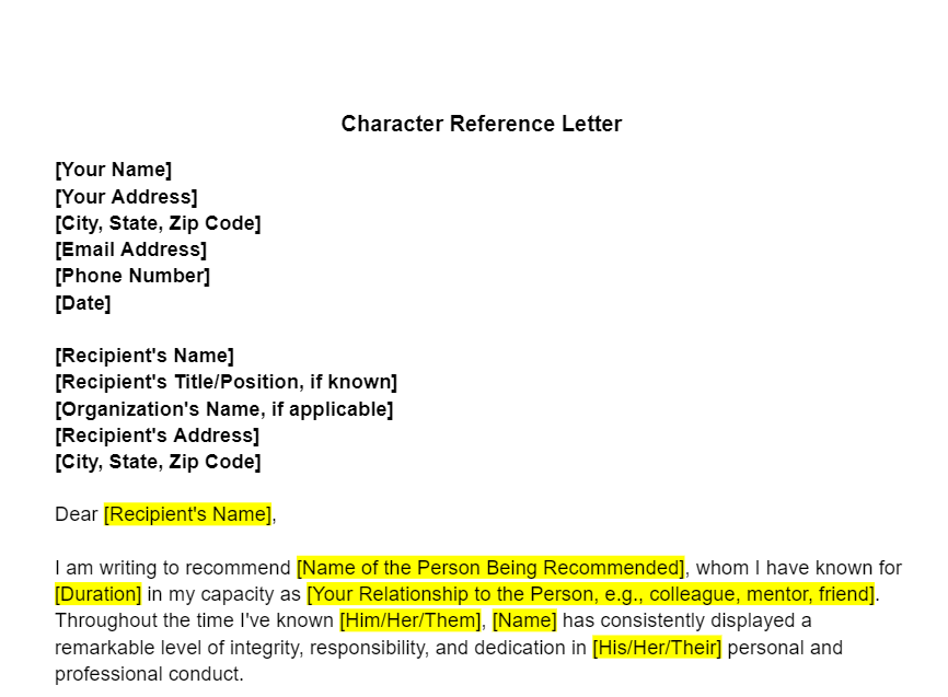 Character Reference Letter