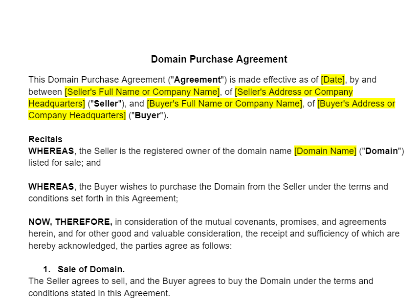 Domain Purchase Agreement Template