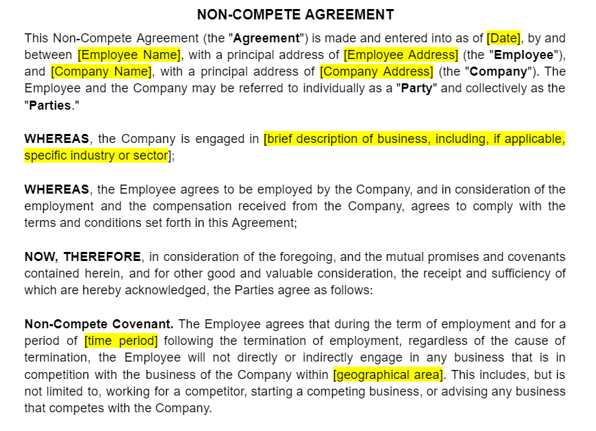 Non-Compete Agreement Template