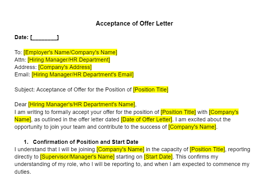 Acceptance of Offer Letter Template