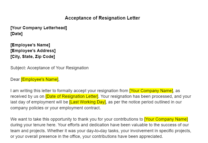 Acceptance of Resignation Letter Template