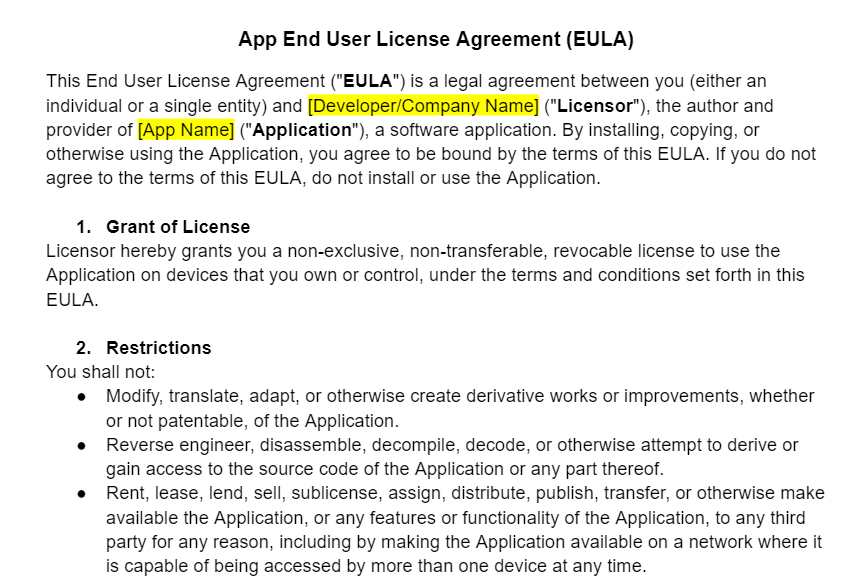 App EULA (End User License Agreement) Template