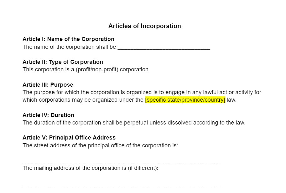 Articles of Incorporation Template