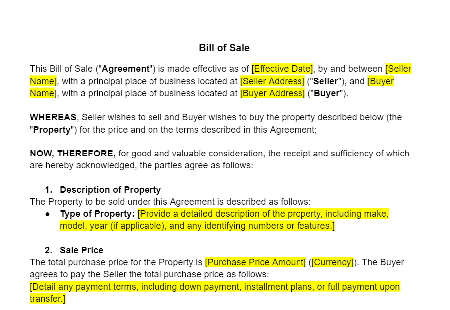 Bill of Sale Template