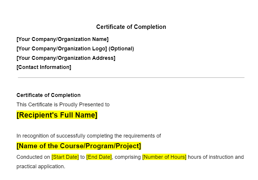 Certificate of Completion Template