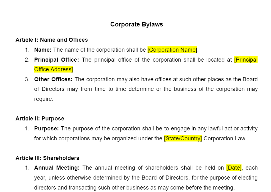 Corporate Bylaws Template