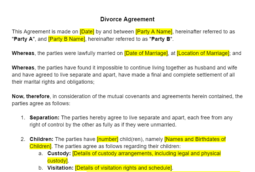 Divorce Agreement Template