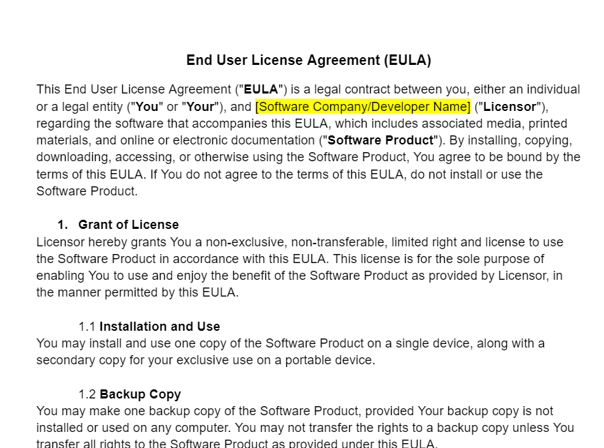 EULA Template (End User License Agreement)