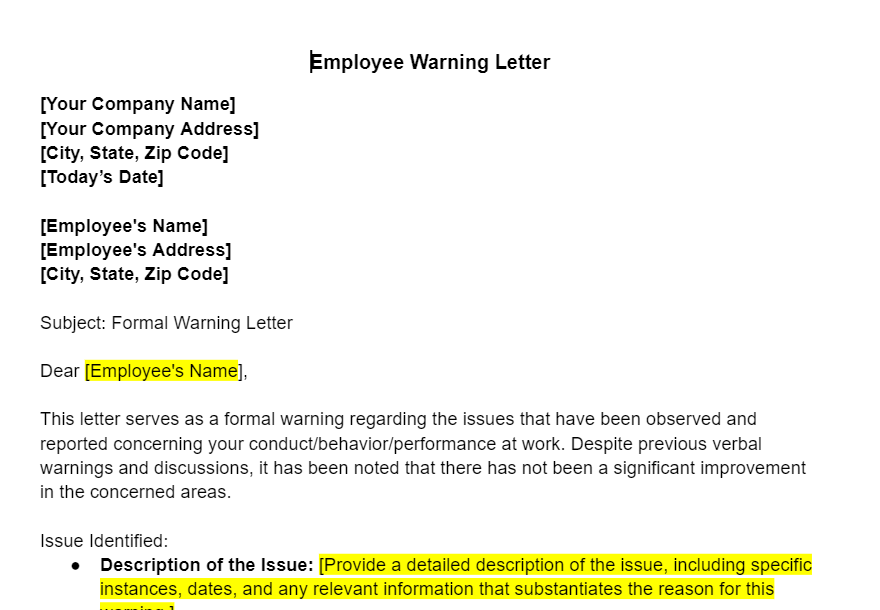 Employee Warning Letter Template