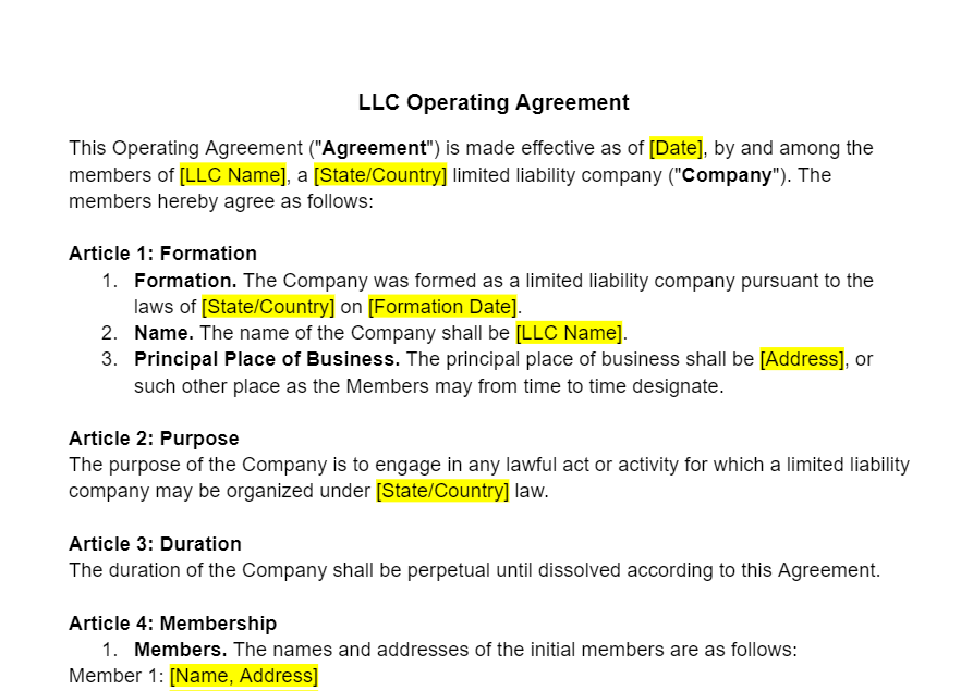 LLC Operating Agreement Template