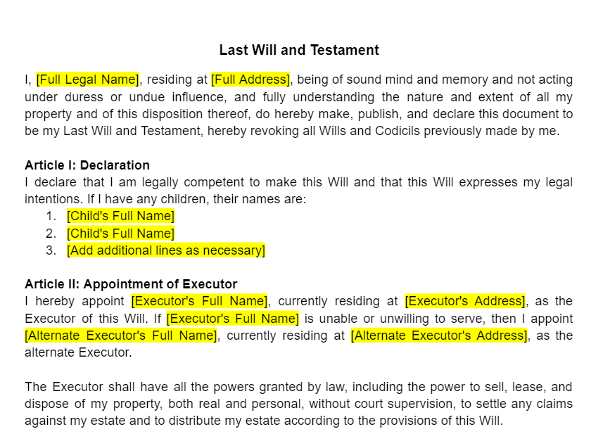 Last Will and Testament Template