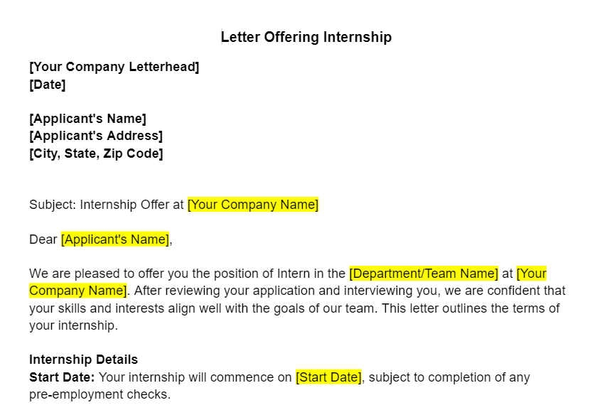 Letter Offering Internship Template