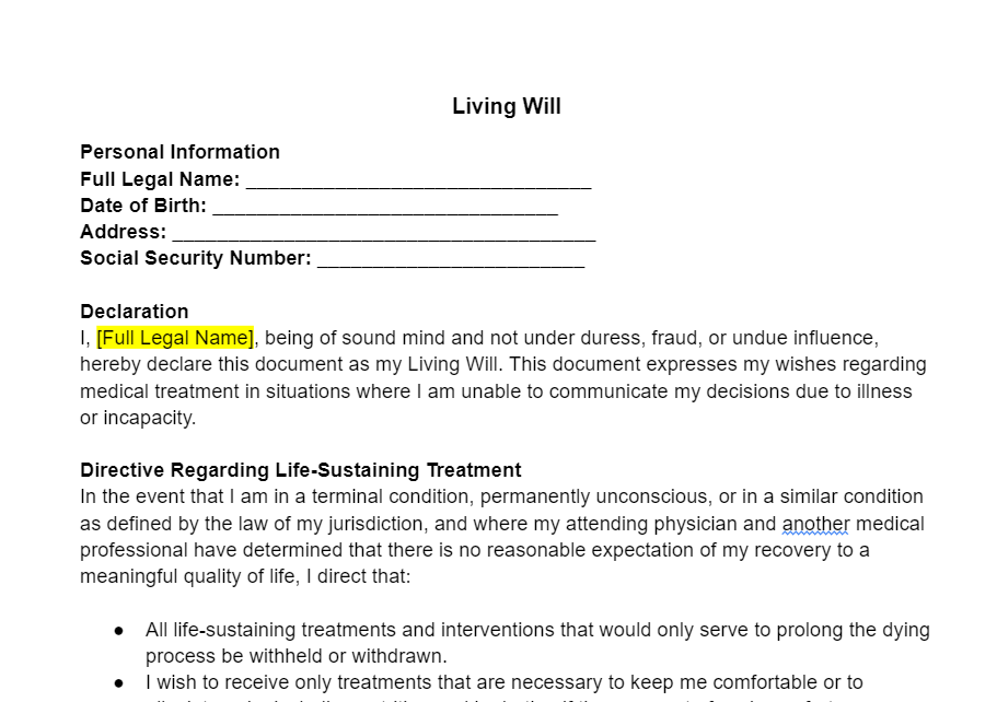 Living Will Template