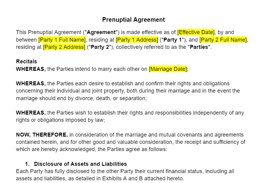 Prenuptial Agreement Template