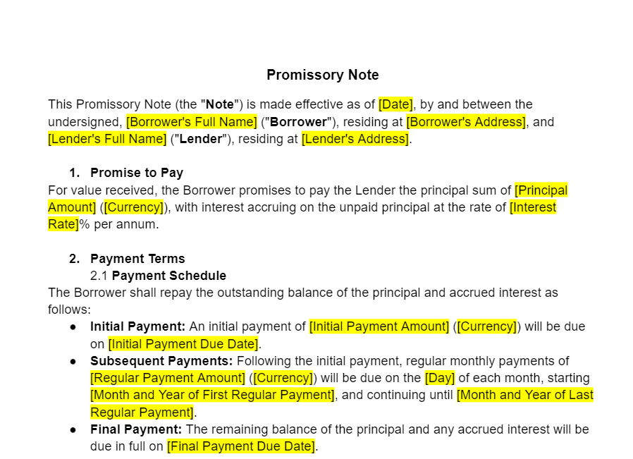 Promissory Note Template