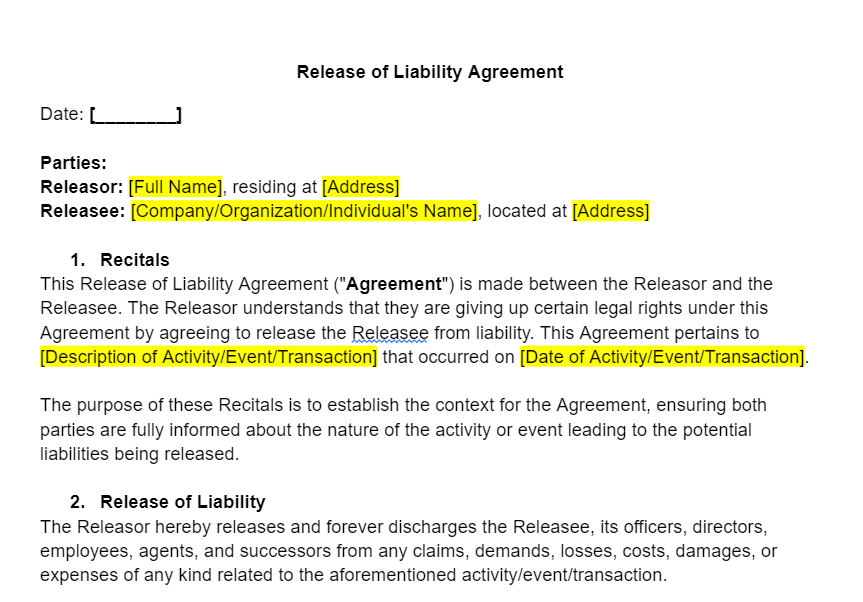 Release of Liability Template