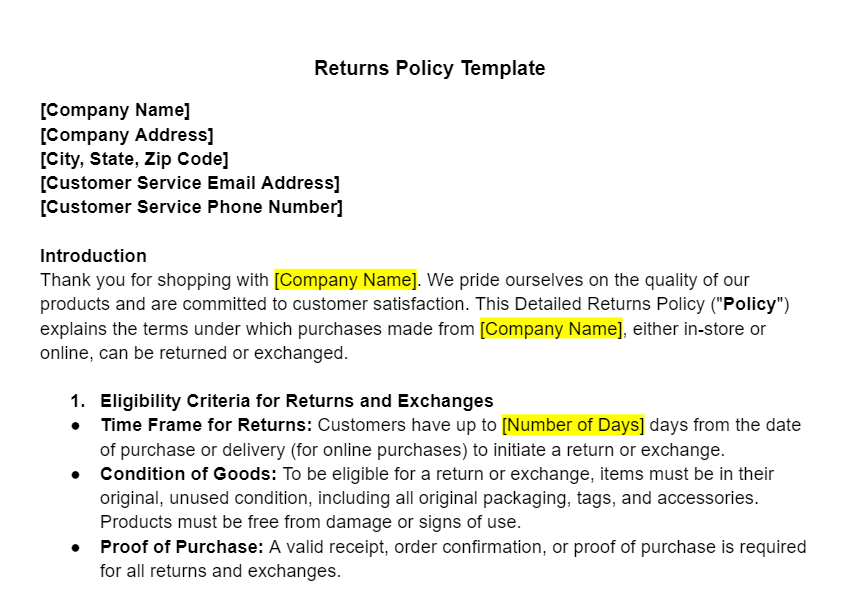 Returns Policy Template