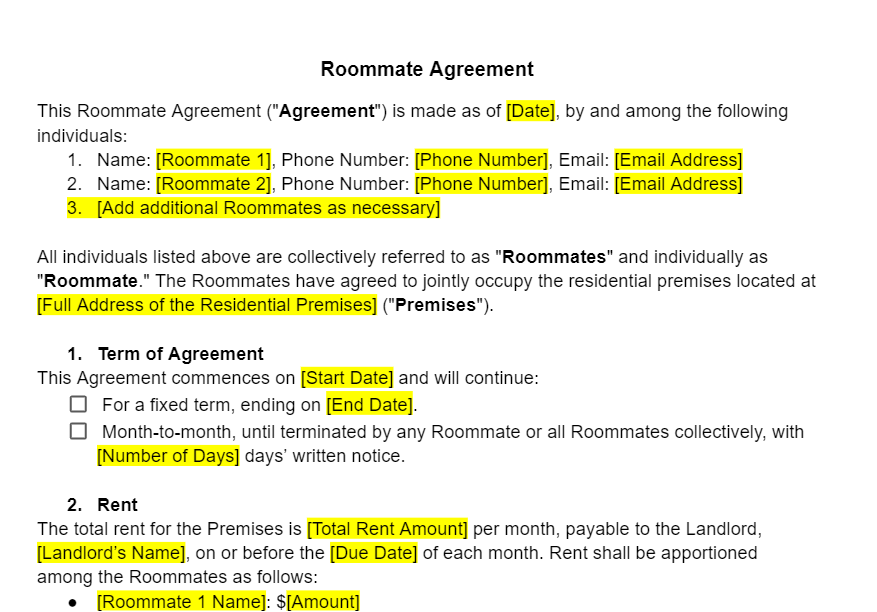 Roommate Agreement Template