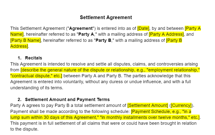 Settlement Agreement Template