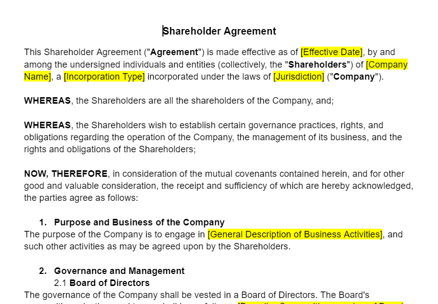 Shareholder Agreement Template