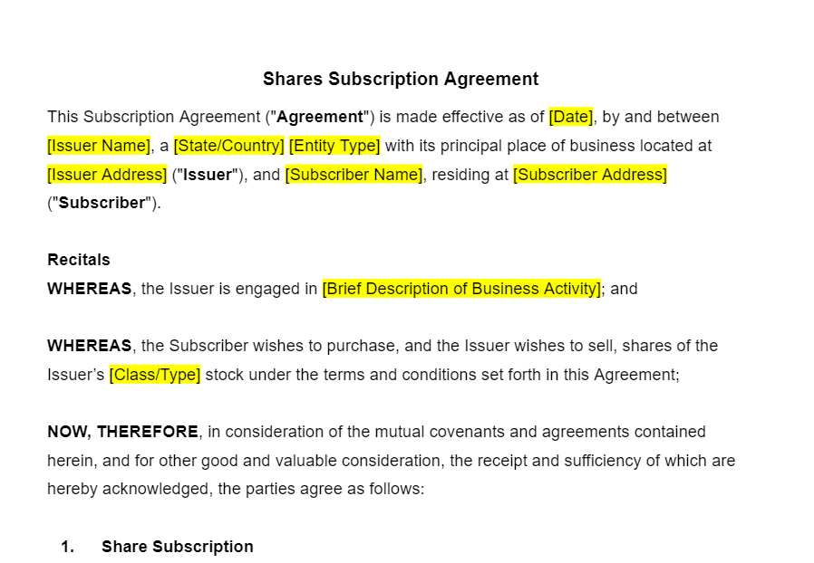 Shares Subscription Agreement Template