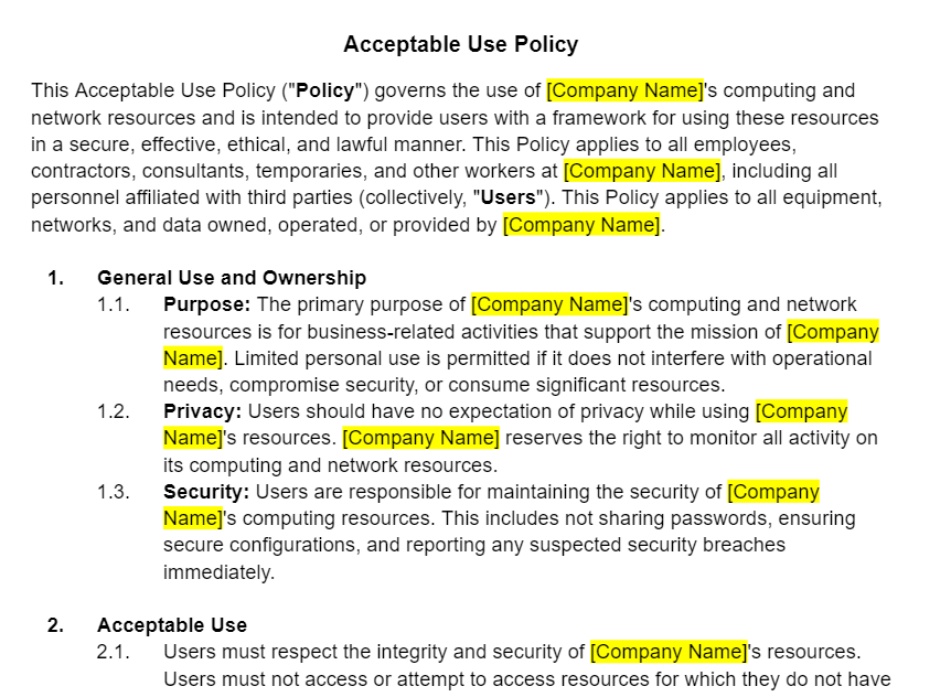 Acceptable Use Policy Template