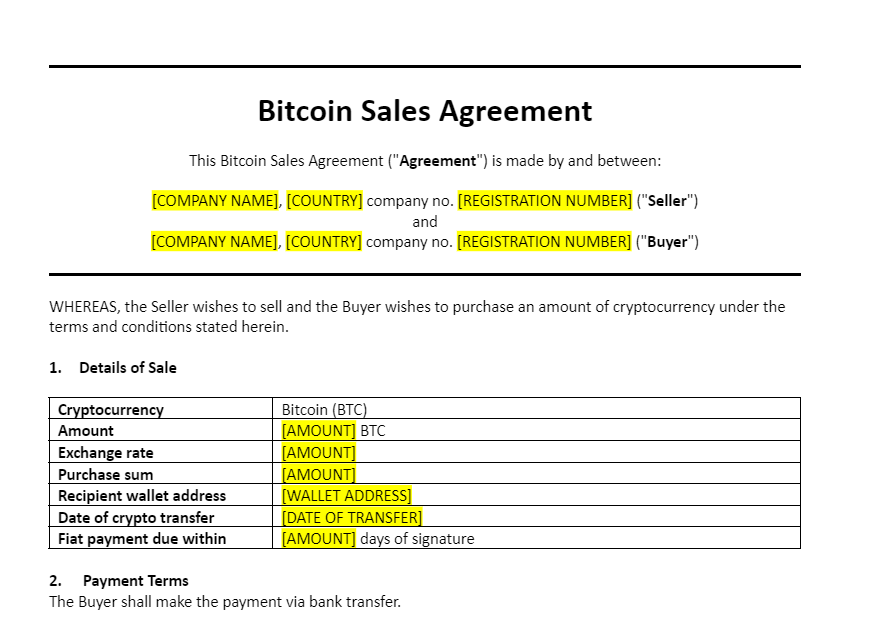 Bitcoin Sales Agreement Template