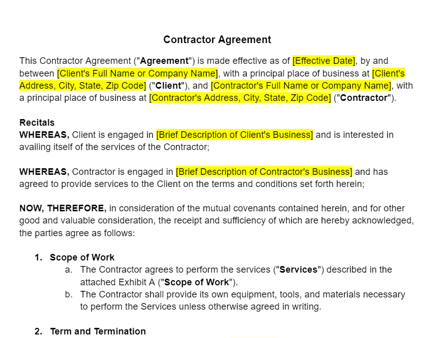 Contractor’s Agreement Template