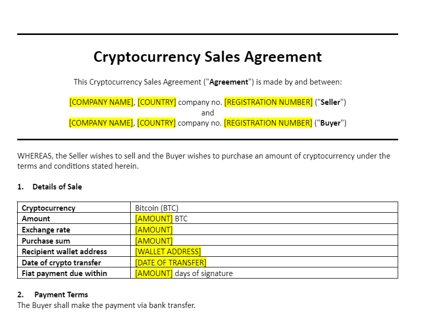 Cryptocurrency Sales Agreement Template