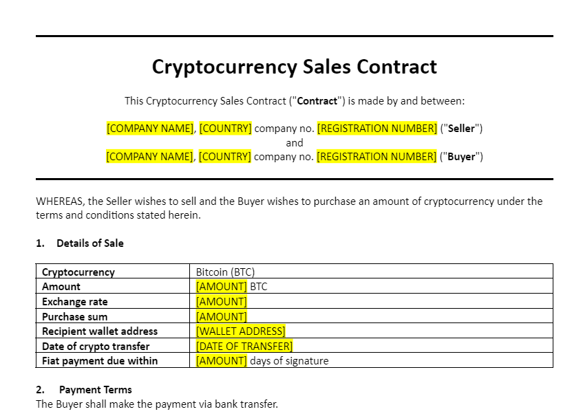 Cryptocurrency Sales Contract Template