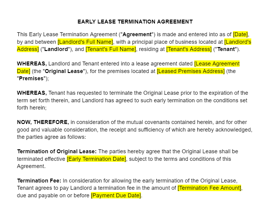 Early Lease Termination Template