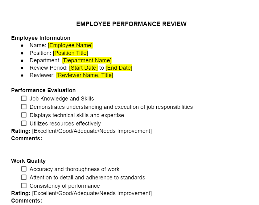 Employee Performance Review Template