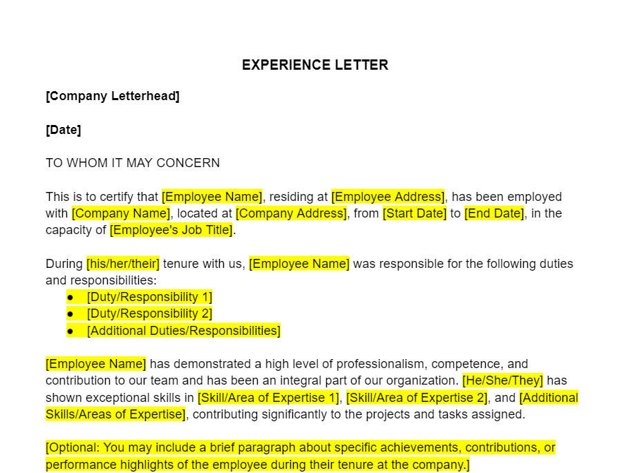 Experience Letter Template