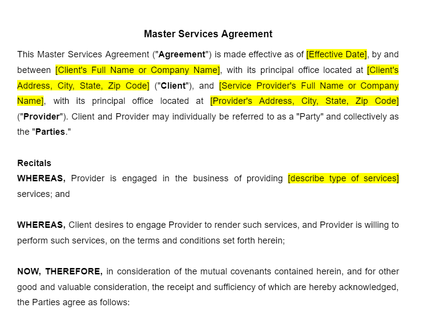 Masters Service Agreement Template
