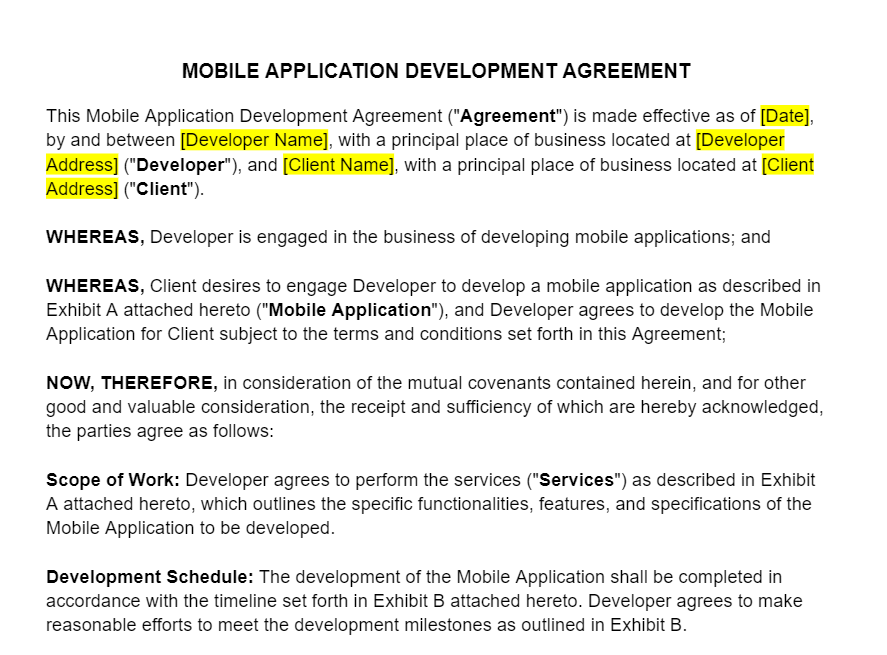 Mobile Application Development Agreement Template